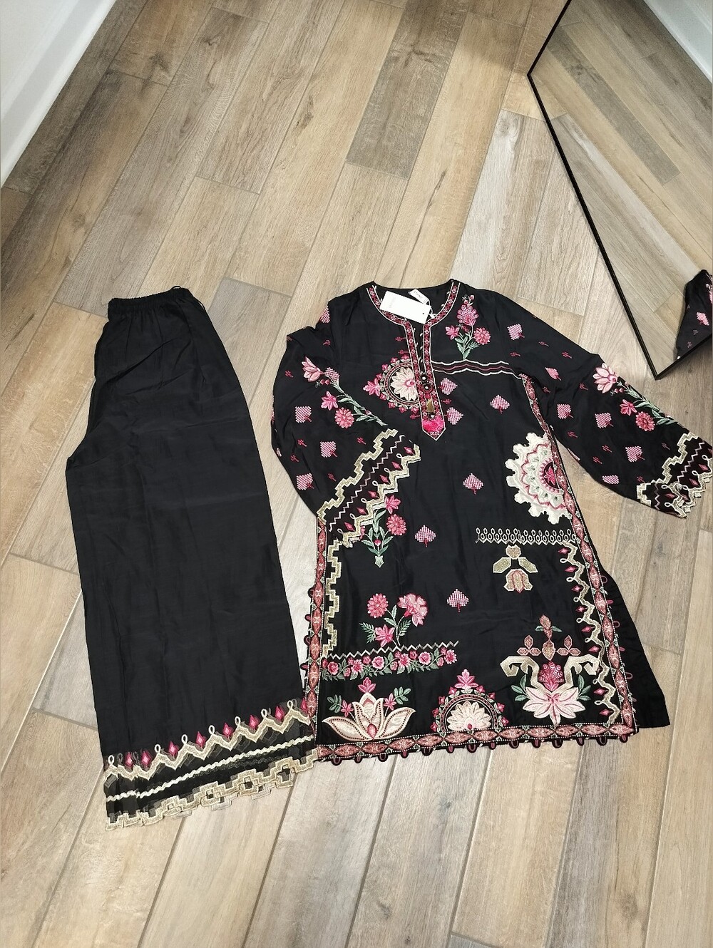 Ethnc Black Embroidered Coord Set with Pink & Cream Floral Motifs